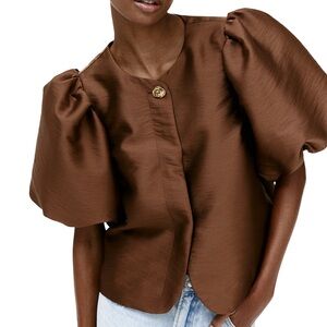 H&M Brown Satin Puff Sleeve Button Up Blouse Cropped Business Casual Preppy